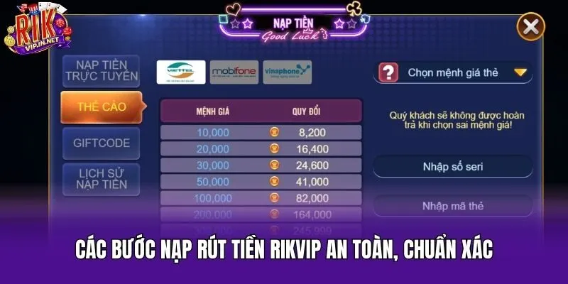 Các bước nạp rút tiền Rikvip an toàn, chuẩn xác
